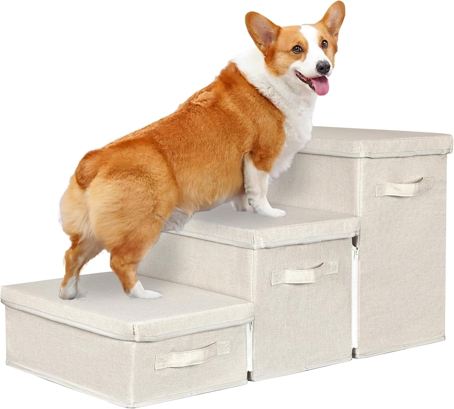 Pet Stairs with Storage, Pet Step for Small Dogs and Cats, 3-Step Folding Pet Steps with Zip, Cat Stairs Dog Steps for Bed, Couch and Car Ramp (Beige, 3 Steps no Condo) - Pet Explorer
