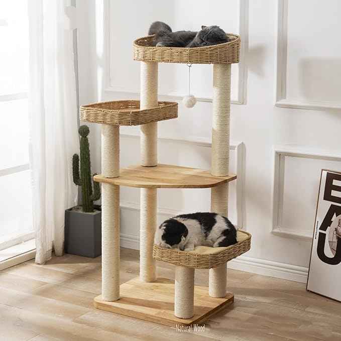 SHENGOCASE Modern Natural Wood Wooden Cat Tree Tower, 3 Large Rattan Wicker Basket Perch Beds with Cozy Cushion Sisal Scratching Post, Window View Design, for Cats up to 20 lbs