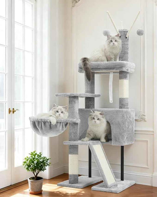 Cat Tree for Indoor Cats, Cat Tower with Scratching Post for Small Cats and Kittens, Cat House with Removable Top Platform and Fluffy Balls, Hanging Cat Basket, Light Gray GCT006SW