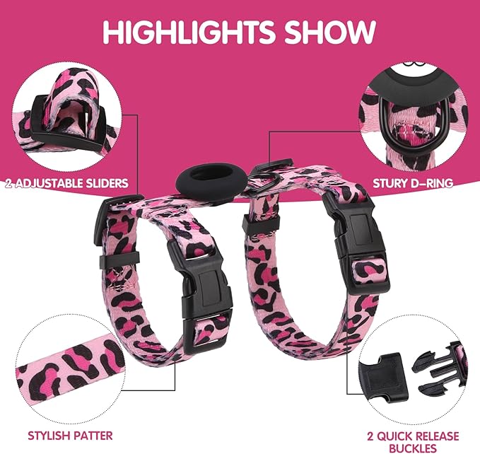 BINGPET Cat Harness with Airtag Holder, Cat Harness and Leash Set Escape Proof for Walking Travel Outdoor, Soft Adjustable Kitten Harnesses for Small Medium Large Cats, Pink Leopard(Chest:12.5"-18")