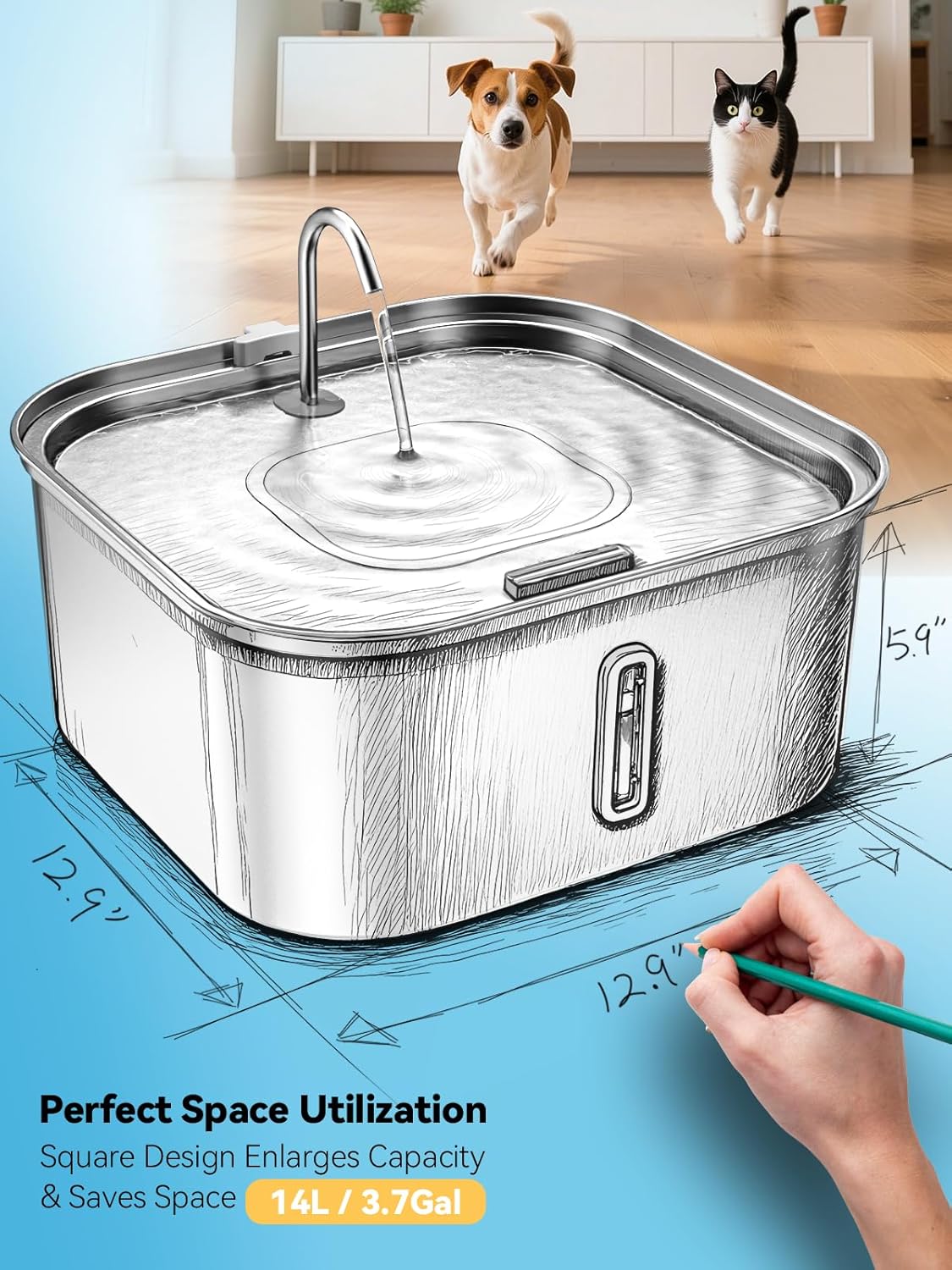 Large Dog Water Fountain 14L/3.7Gal, Stainless Steel Pet Fountain for Large Dogs and Multi-Pets Families, with Visible Window & Extra Wide Drinking Area, Square Design Enlarges Capacity & Saves Space - Pet Explorer