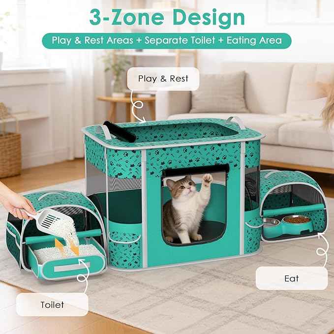 Cat Playpen - Portable Dog Playpen with Litter Box, Foldable Soft Dog Crate for Indoor/Outdoor, Pop Up Cat Enclosure, Collapsible Puppy Kitten Rabbit Cage Tent，3-Room