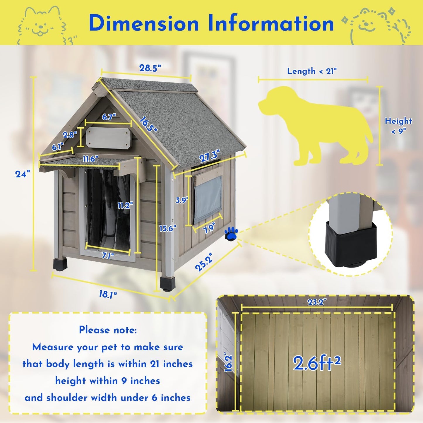 Outdoor Dog House Weatherproof Large Wooden Dog Kennel Indoor for Small Dogs with Chew-Proof Frame, Oxford Fabric Window, Removable Floor Pet Shelter (Grey, 18.1" D x 25.2" W x 24" H) - Pet Explorer