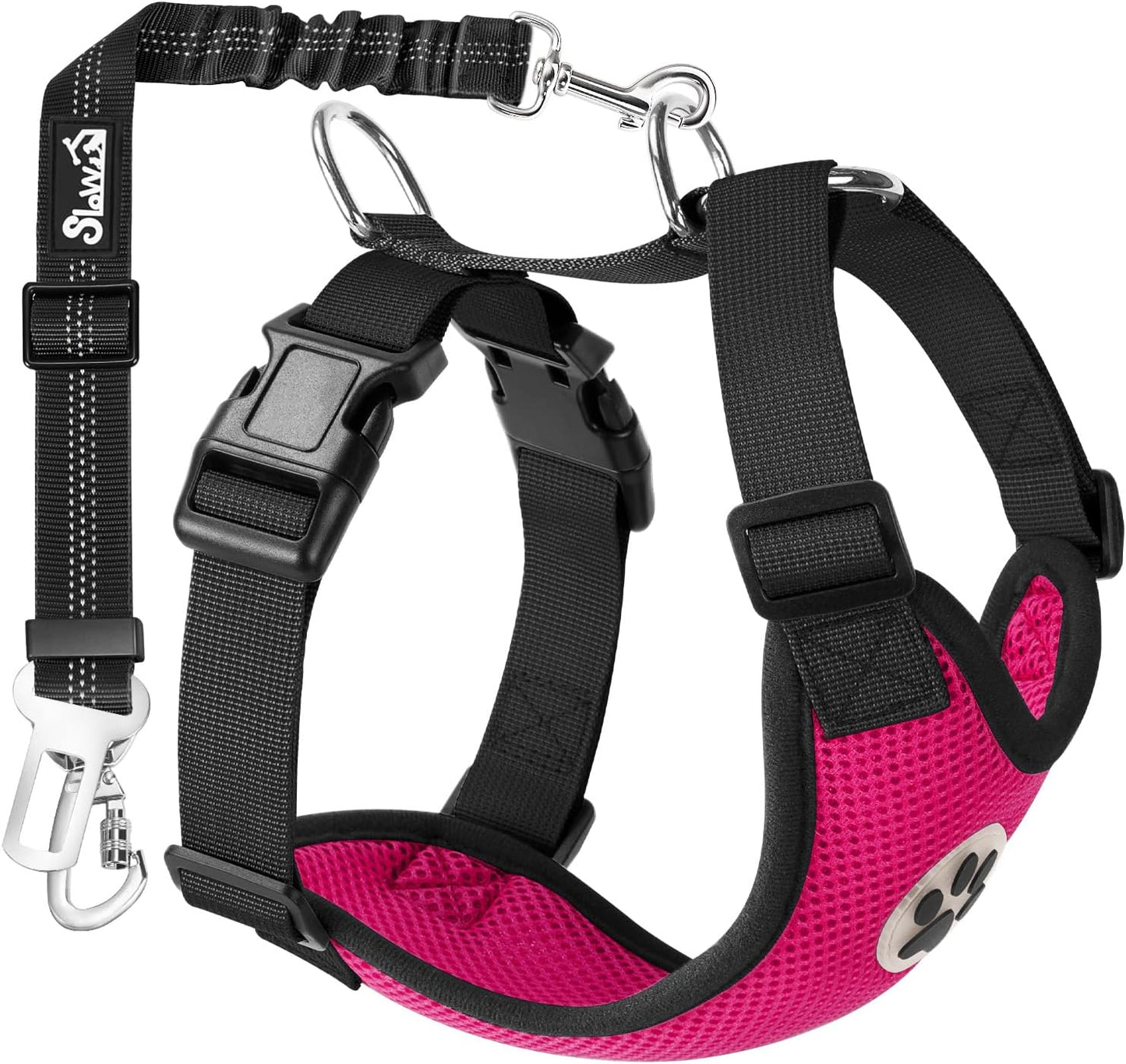SlowTon Dog Seat Belt Harness for Car, Dog Car Harness Adjustable Mesh Breathable & Dog Seatbelt Safety Tether with Elastic Bungee for Small Medium Large Pets(Fuchsia, Double Clip, M) - Pet Explorer