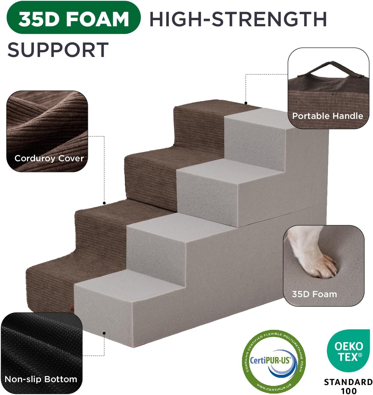 Made4Pets Dog Stairs for Small Dogs, Extra Wide Dog Steps for Bed Couch Sofa and Chair, 35D Foam Pet Steps for Small Dogs and Cats, Non-Slip Bottom Pet Stairs, Brown, 3 Steps - Pet Explorer