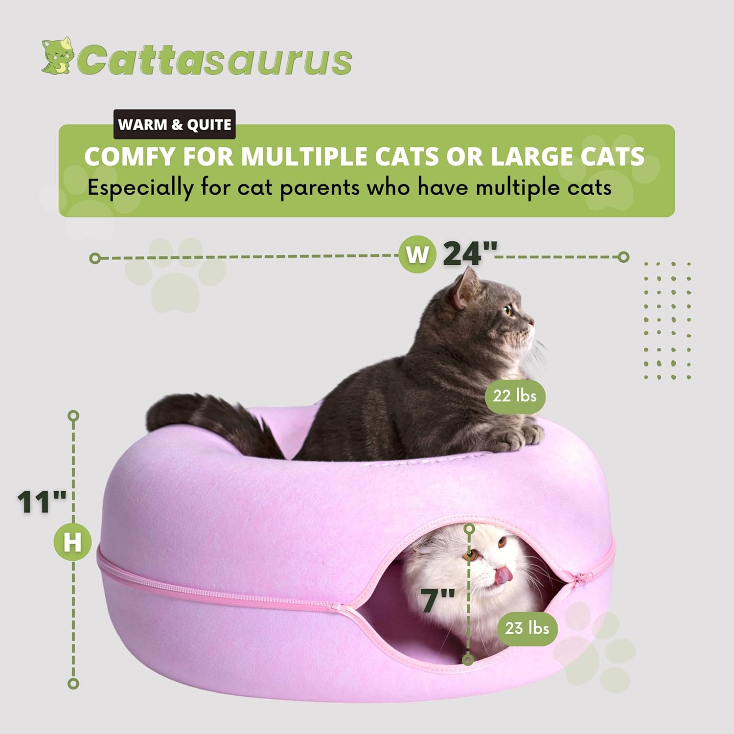 Cattasaurus Peekaboo Cat Cave for Multiple & Large Cats Up to 30-45 Lbs, Scratch Detachable & Washable Tunnel Bed, Comfy Donut Cat Cave (Pink, Large) - Pet Explorer