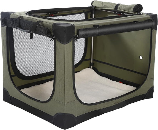 30-Inch Collapsible Travel Dog Crate, Portable 4-Door Soft Kennel for Medium to Large Dogs, Durable Mesh Windows, Indoor/Outdoor Use, Foldable, with Storage Bag (Green)
