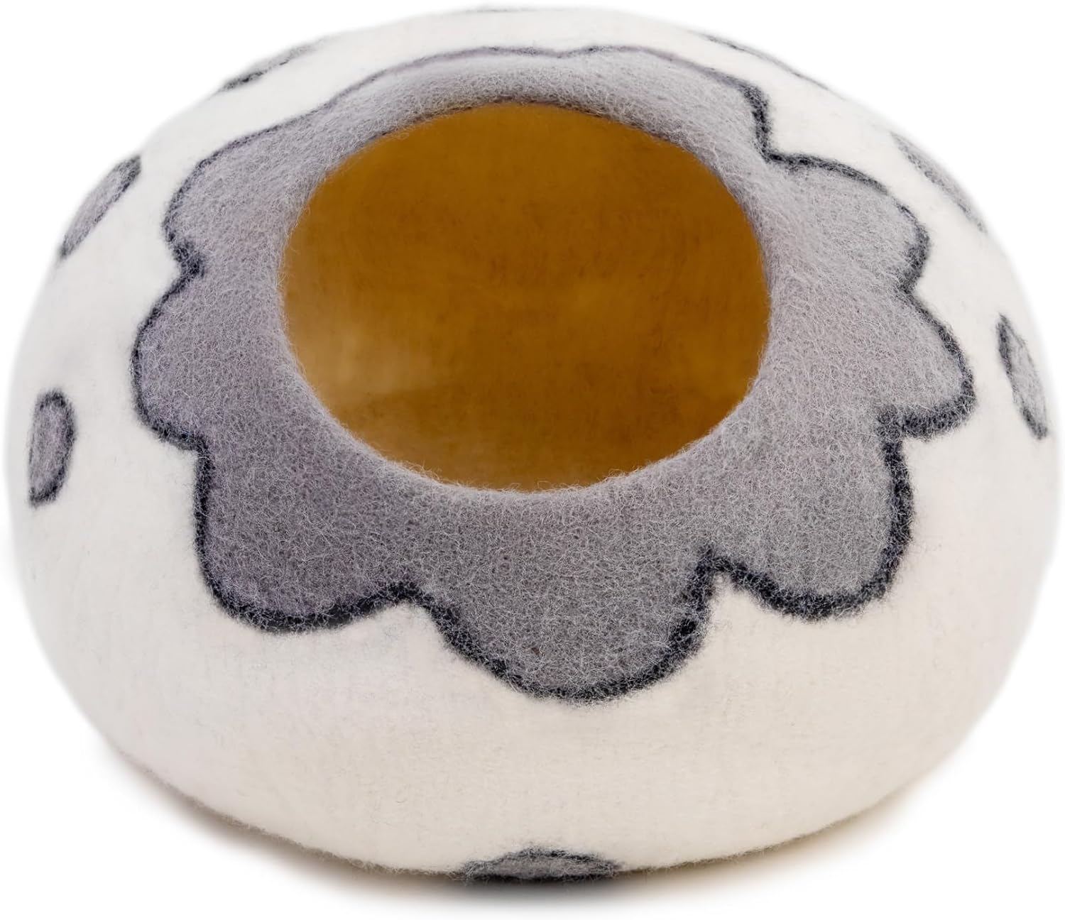 Woolygon Premium Felt Cat Cave Bed – Wool Kitty Beds Handcrafted Kitten Caves Bed for Indoor Cats - Made from 100% Eco-Friendly Merino Wool, Foldable Cat Hidewawy Covered Cat House Pod (Flower Collar) - Pet Explorer
