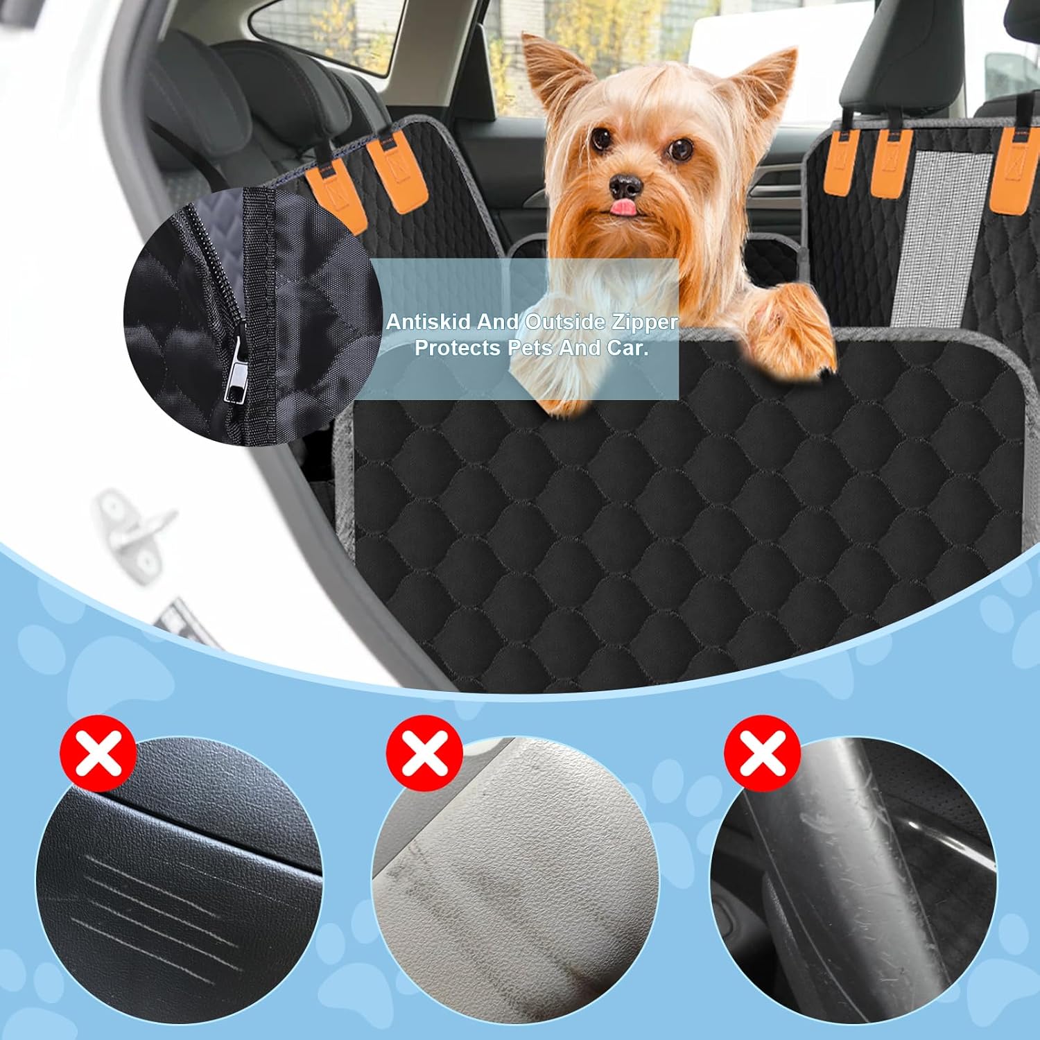 Dog Car Seat Cover for Back Seat, Waterproof Protector with Side Flaps, Scratchproof Hammock, Non-Slip Bottom for Cars/Trucks/SUVs (Black+Grey) - Pet Explorer