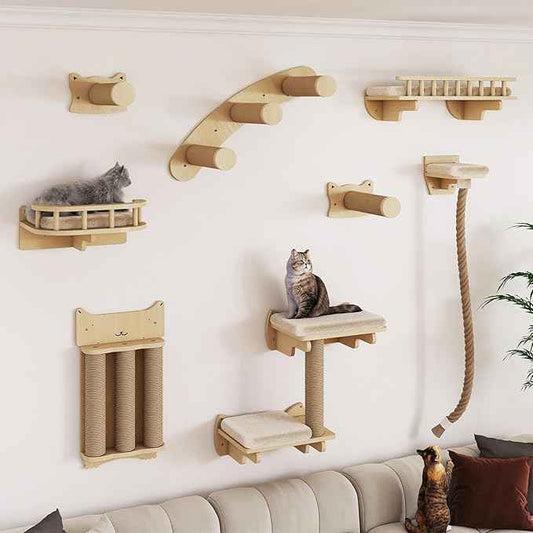 BYBYME 8 Pcs Cat Wall Climbing Set, Wood Cat Furniture with Scratching Posts, Kitten Perch, 100CM Sisal Rope & Cat Bed, Wall Mounted Cat Shelves for Sleeping, Playing & Relaxing（Natural Wood）