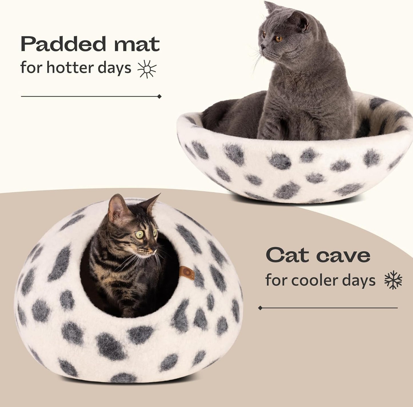 MEOWFIA Cat Cave – Premium Felt Cat Bed for Indoor Cats, Handmade 100% Merino Wool (Medium, Snow Leopard) - Pet Explorer