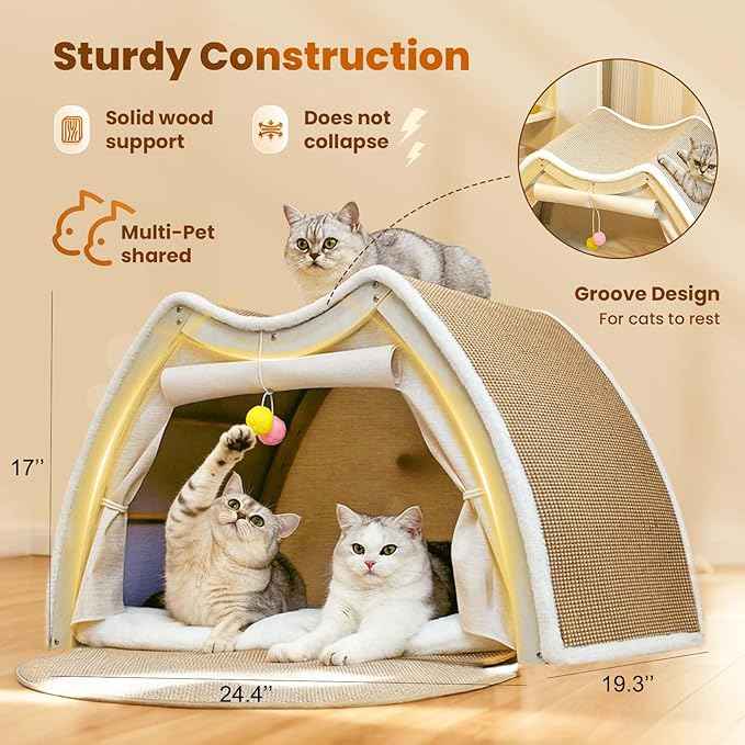 Cat Houses for Indoor Cats - Large Cat Bed Cave with Natural Sisal Cat Scratcher Mat, Solid Wood Frame Cat House with Curtains and Cat Floor Scratching Pad Rug, Protect Couch and Carpets, L