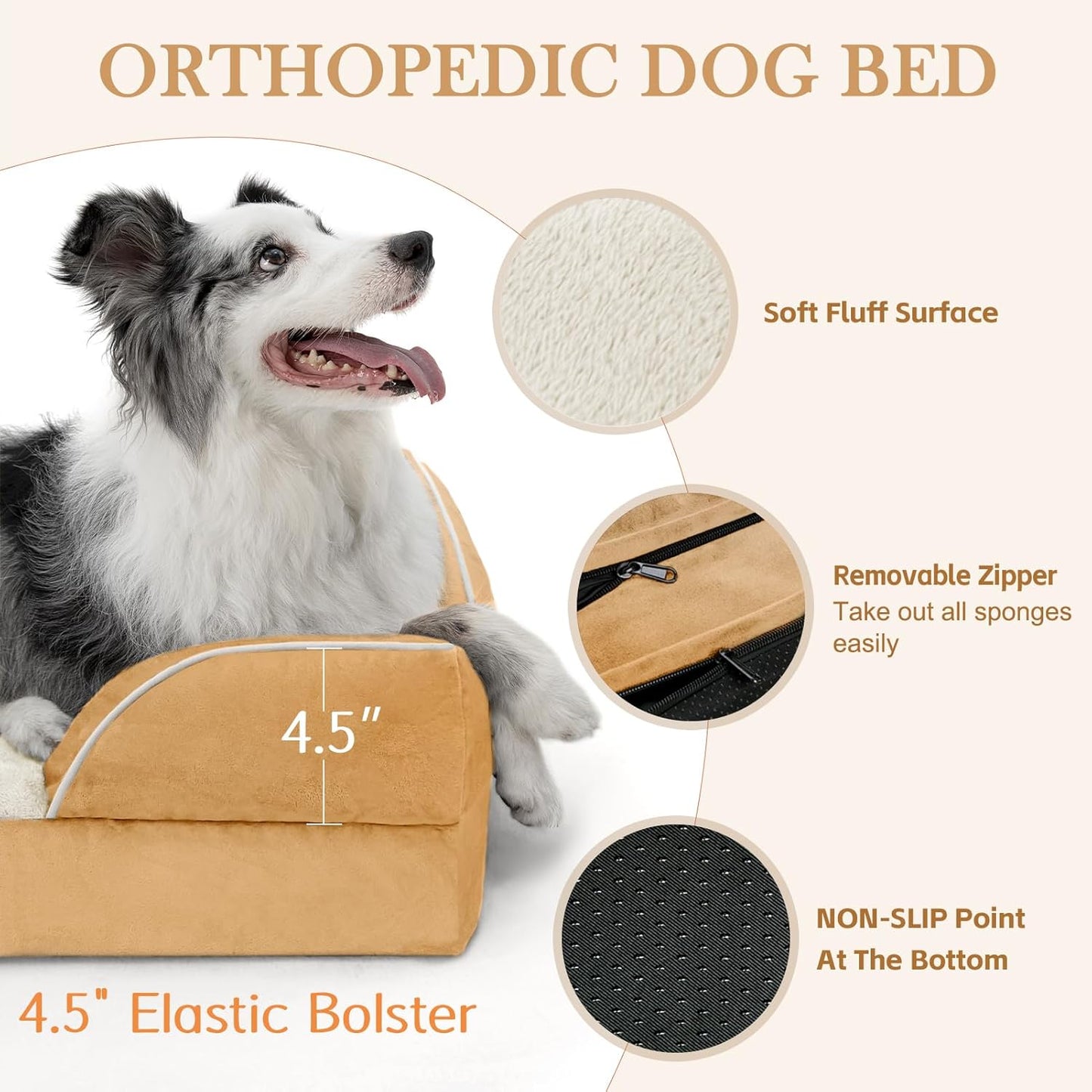 Comfort Expression Large Dog Beds Waterproof, Orthopedic Dog Beds for Large Sized Dogs, Comfy Pet Bed Sofa with Washable Removable Cover & Non-Slip Bottom(Khaki) - Pet Explorer