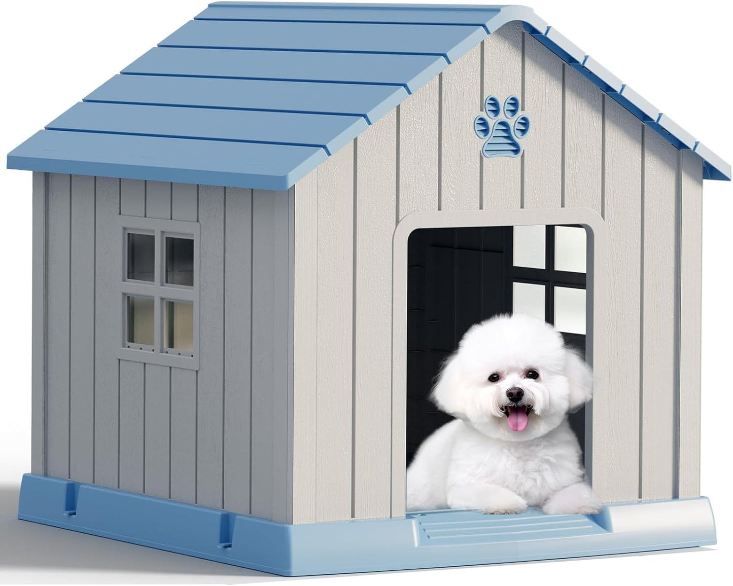 Large Dog House Outdoor Indoor for Medium Large Dogs, Durable Plastic Waterproof Doghouse with Air Vents and Elevated Floor, Easy Clean and Assemble (Blue, 31" L x 33.3" W x 33.5" H) - Pet Explorer