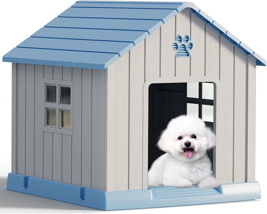 Large Dog House Outdoor Indoor for Medium Large Dogs, Durable Plastic Waterproof Doghouse with Air Vents and Elevated Floor, Easy Clean and Assemble (Blue, 31" L x 33.3" W x 33.5" H) - Pet Explorer