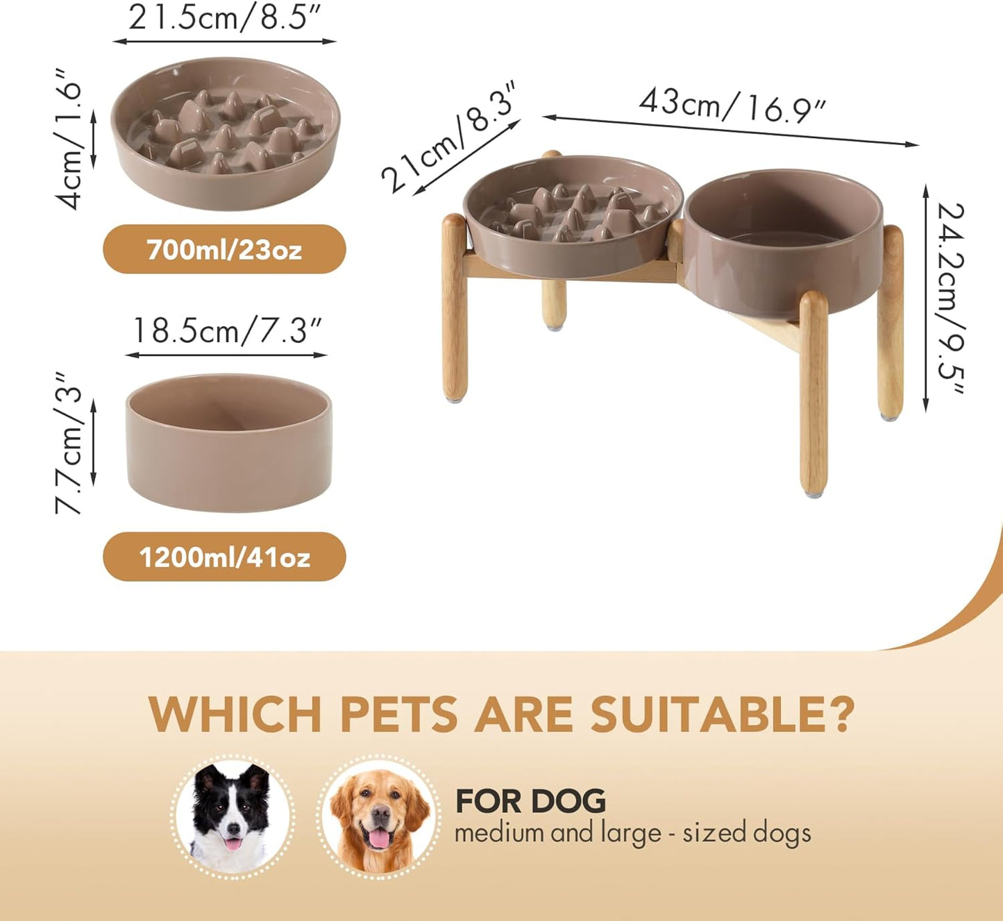 Ceramic Raised Slow Feeder Dog Bowl Set, Elevated 7.3inch Bowl and 8.2inch Slow Pet Food Dish with Wooden Stand for Medium and Large Dog (2 x Brown Coffee+ Stand) - Pet Explorer