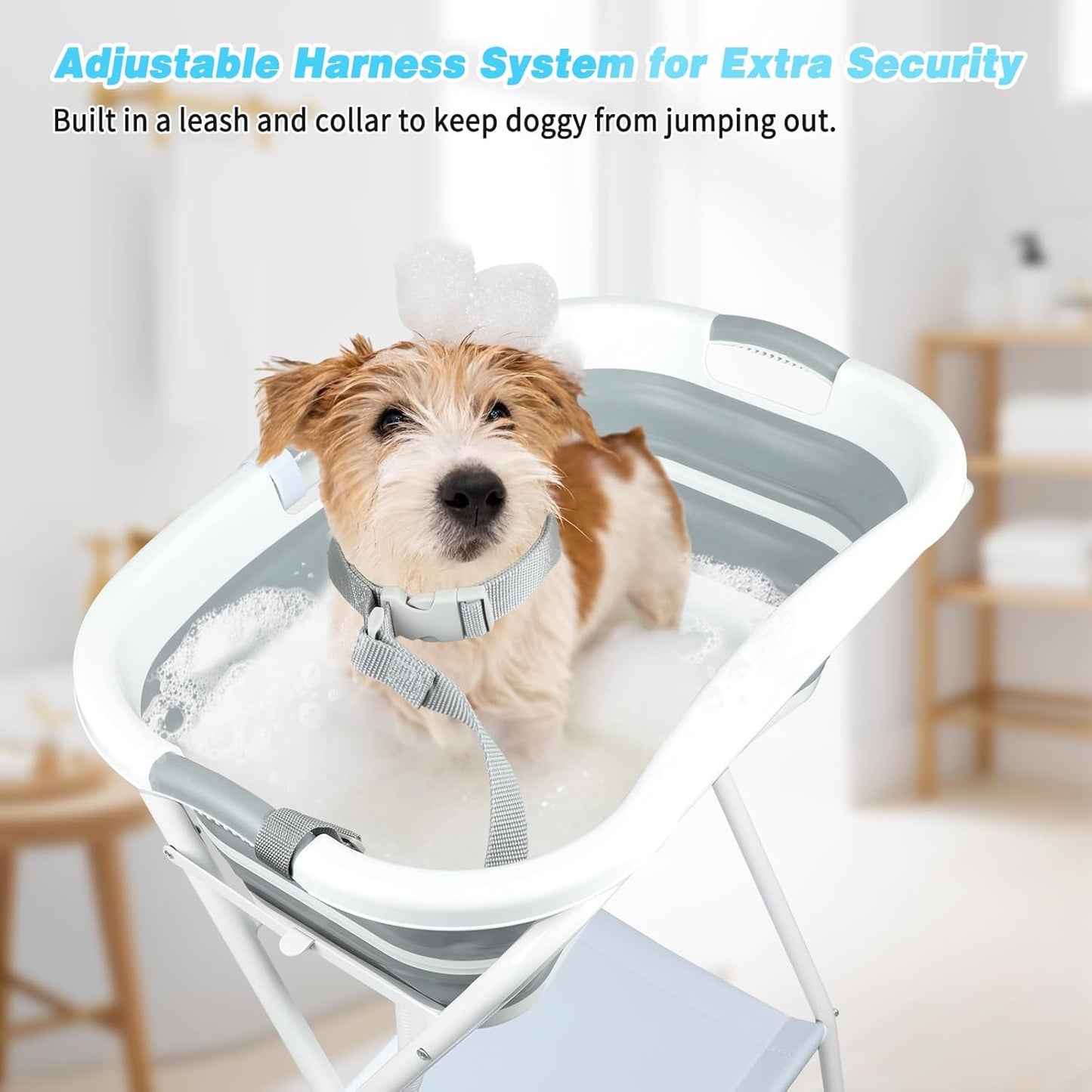 FHTONGE Elevated Dog Bathtub Grooming Station with Drain Adjustable Collar, 2 in 1 Collapsible Dogs Beautify Bathtub Portable Pet Washing Station, Pet Tub for Small Medium Dog Cat Shower Hairdressing - Pet Explorer