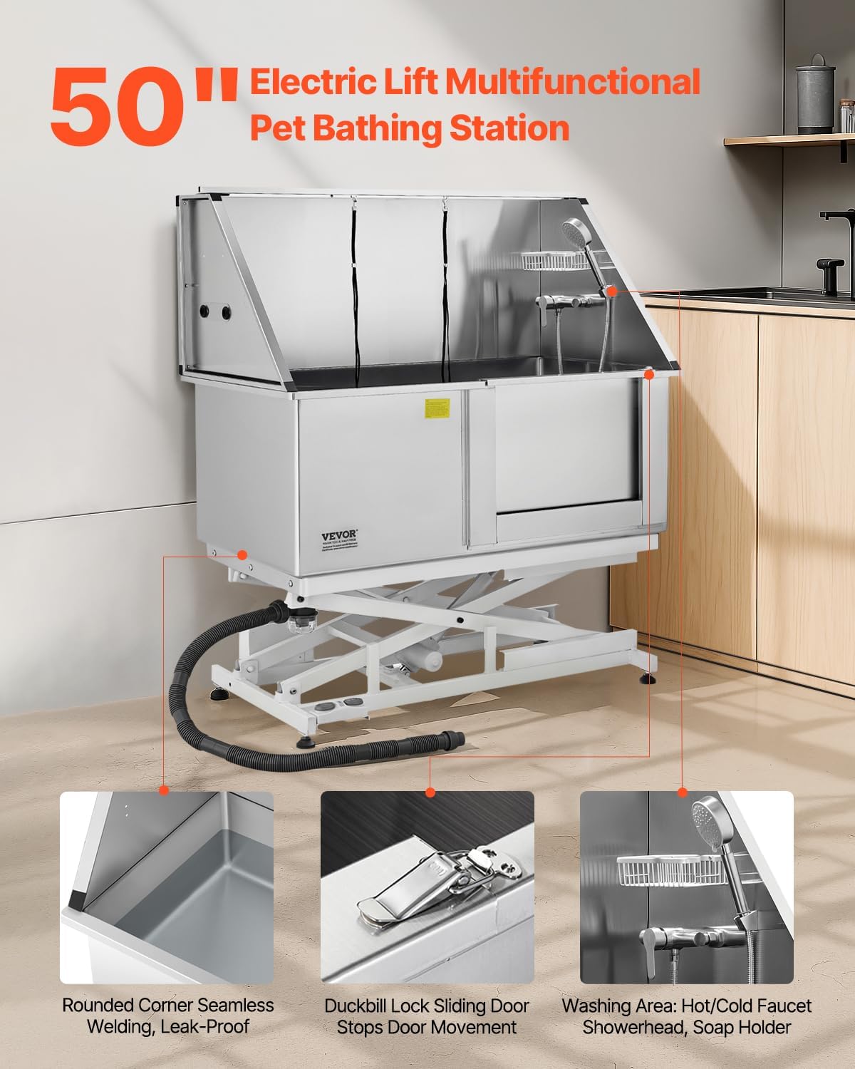 VEVOR Electric Lift Dog Washing Station, 50 inch Professional Stainless Steel Pet Grooming Tub w/PE Water Filter Board, Faucet & Showerhead Dog Bathtub Washing Sink for Multiple Pets (Right Door) - Pet Explorer