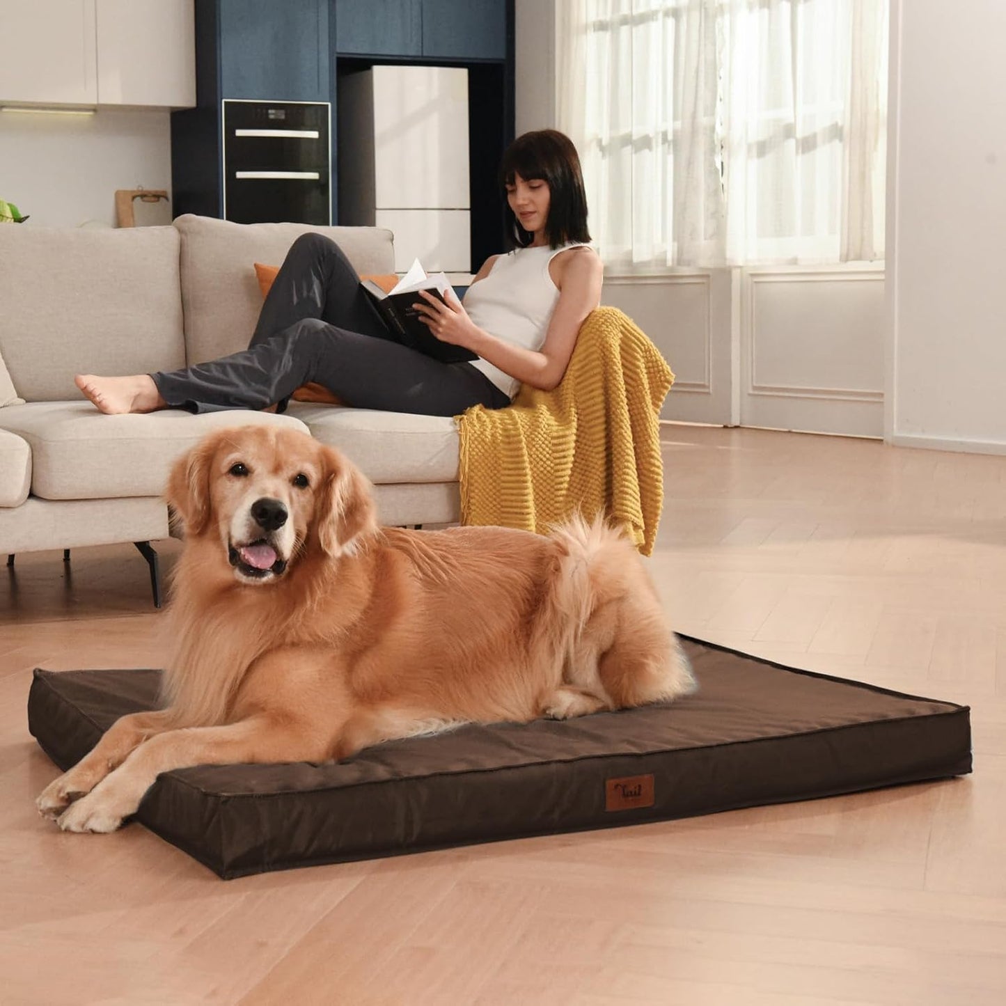 Outdoor Large Dog Bed, Waterproof Dog Bed for Large Dogs, Egg Crate Foam Pet Bed with Removable Washable Oxford Cooling Cover, Brown