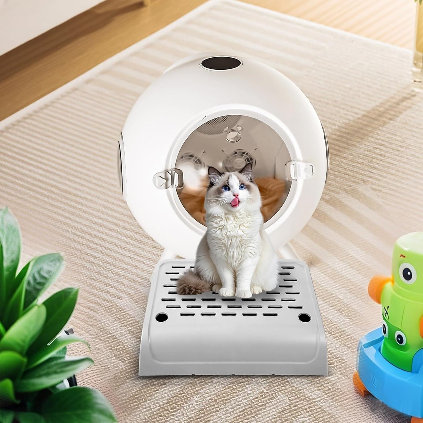 Cat Ramp for Litter Box Step, Stainless Steel Automatic Litter Box Ramp Cat Steps Mat with Filter Function, Double Layered Self Cleaning Cat Stairs with Storage Space for Litter Catcher (Grey) - Pet Explorer