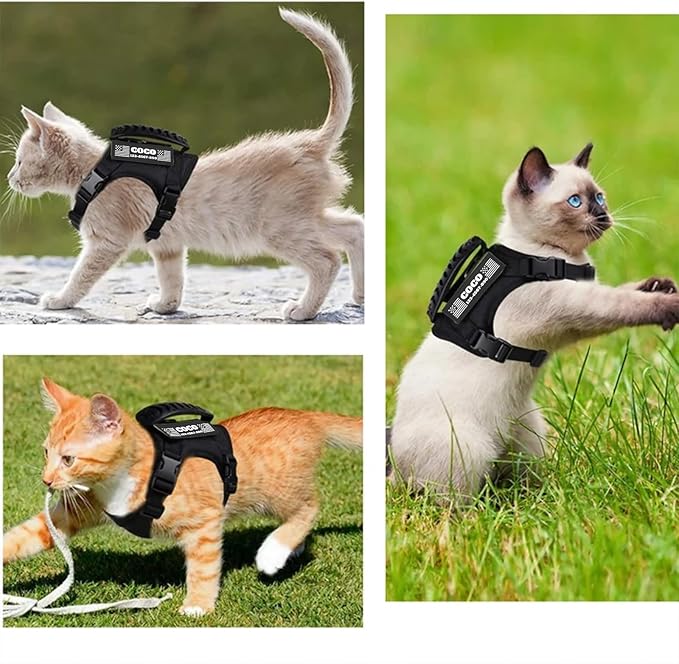Tactical Cat Harness Escape Proof for Walking with Personalized Patches - Adjustable Cat Harness 8-20lbs Escape Proof - Soft Vest for Large Kitty with Optional Leash (Green)