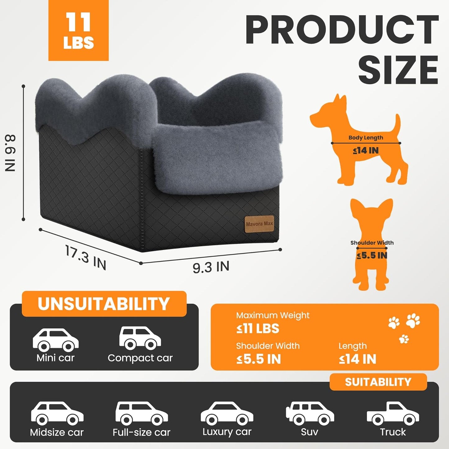 Portable Small Dog Seat for Car(Up to 11LB),Luxury Center Console Dog Car Seat Booster with Safety Tethers,Auti-Collapse Pet Travel Carrier for SUV,Truck.(Black/Grey) - Pet Explorer