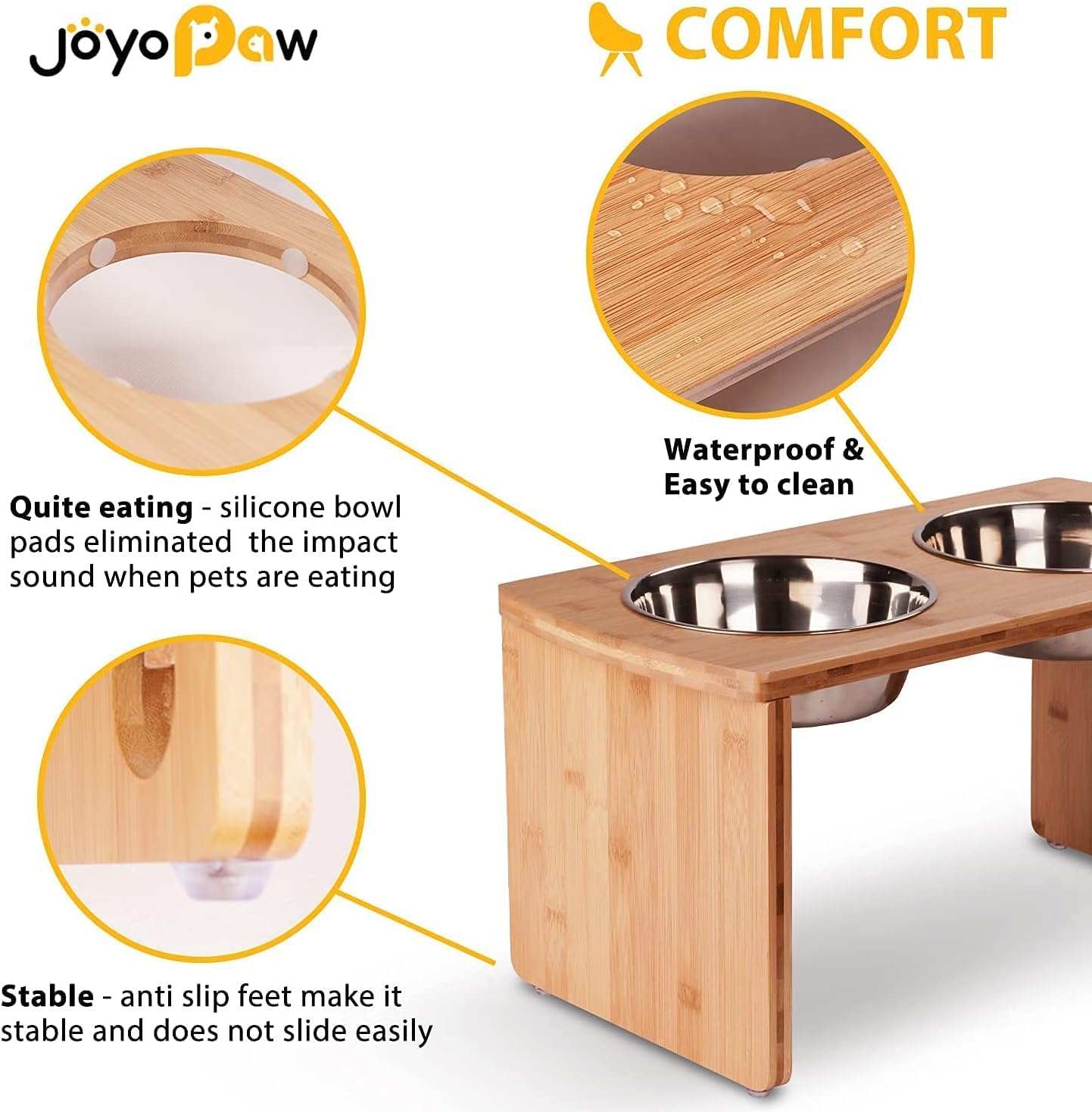 Elevated Dog Bowls, Bamboo Raised Dog Bowl for Large Dogs & Medium Dogs, with 2 Stainless Steel Bowls (10'' Tall–48 oz Bowl) - Pet Explorer