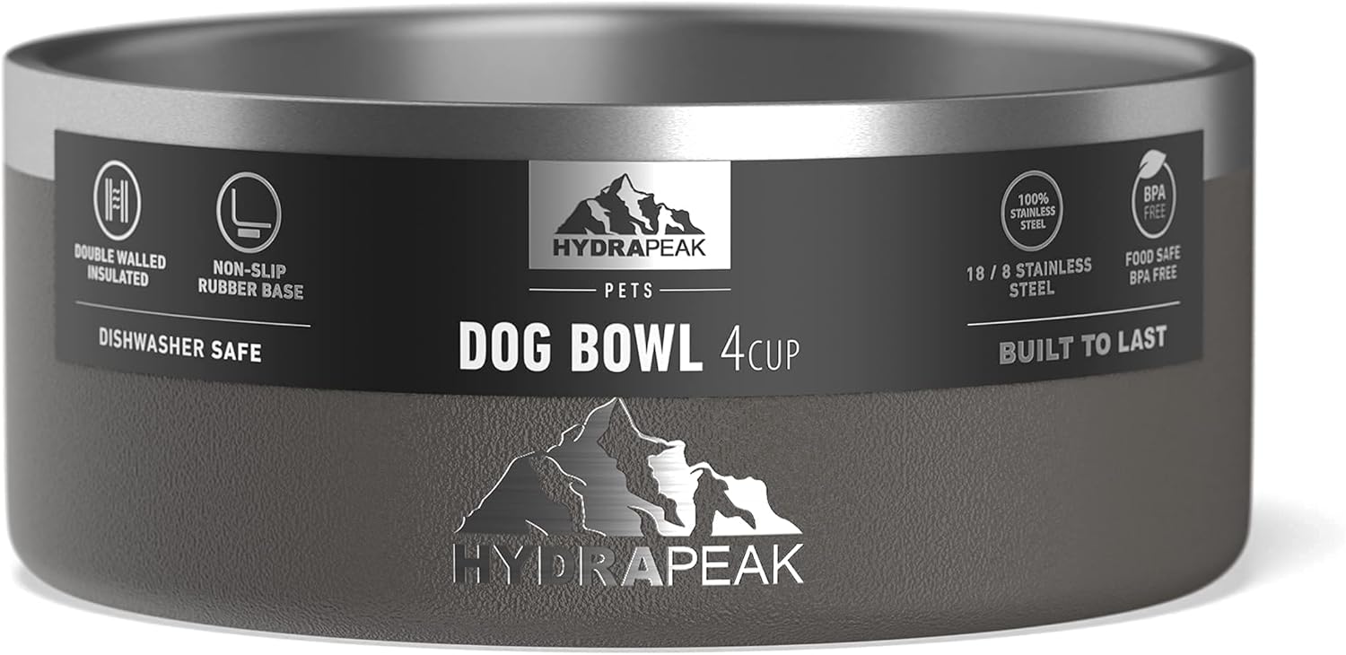 Hydrapeak Dog Bowl; Non Slip Stainless Steel; Water and Food Dish; Large Sized and Small Dogs; 32oz 64oz; Multiple Sizes; 4 Cup | Graphite - Pet Explorer