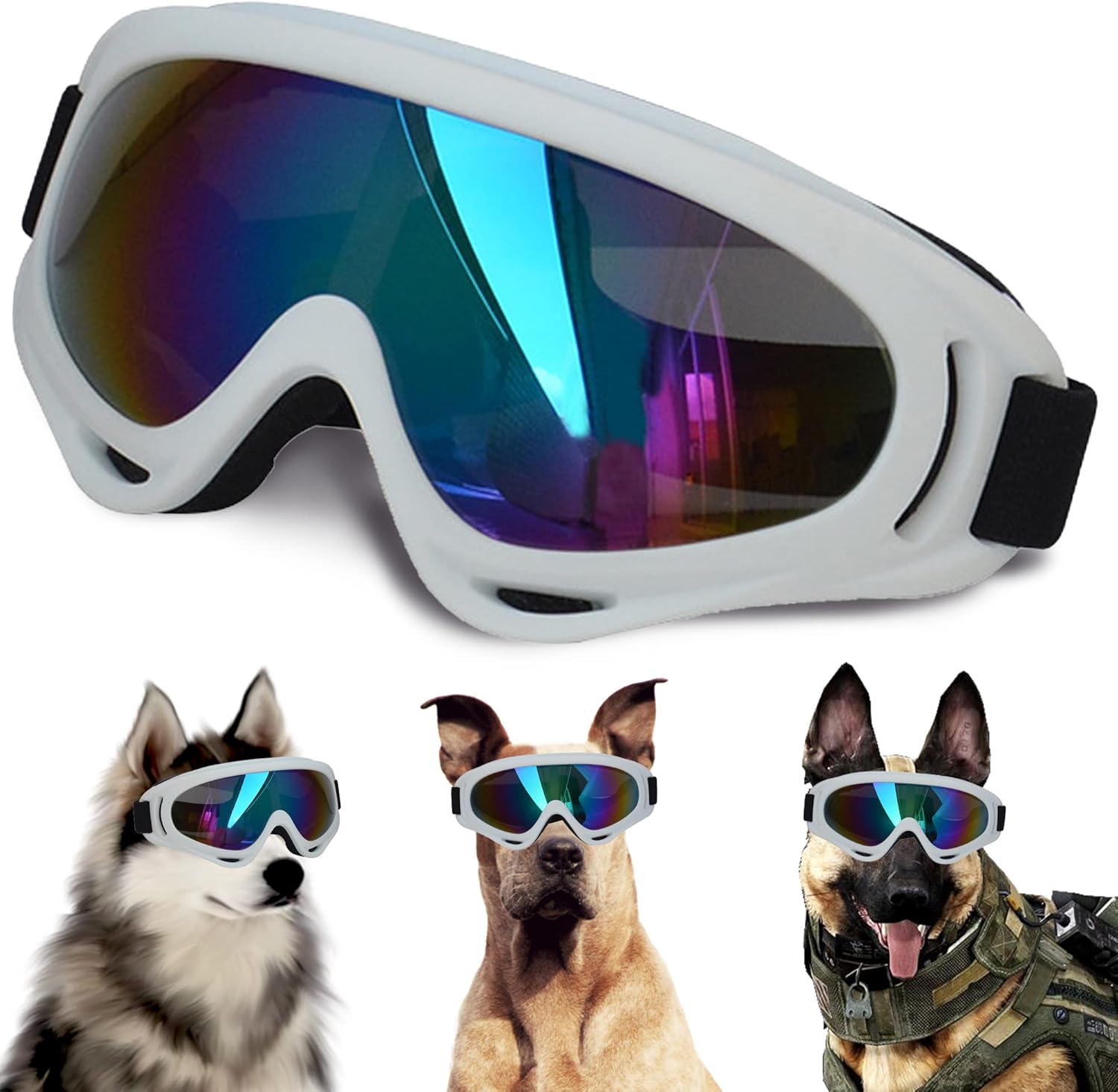 Large Dog Sunglasses With Adjustable Strap UV Protection, Windproof Puppy Eyewear, Suitable for Medium-Large Pets, Eyes Protection, Soft Goggles (White Frame) - Pet Explorer