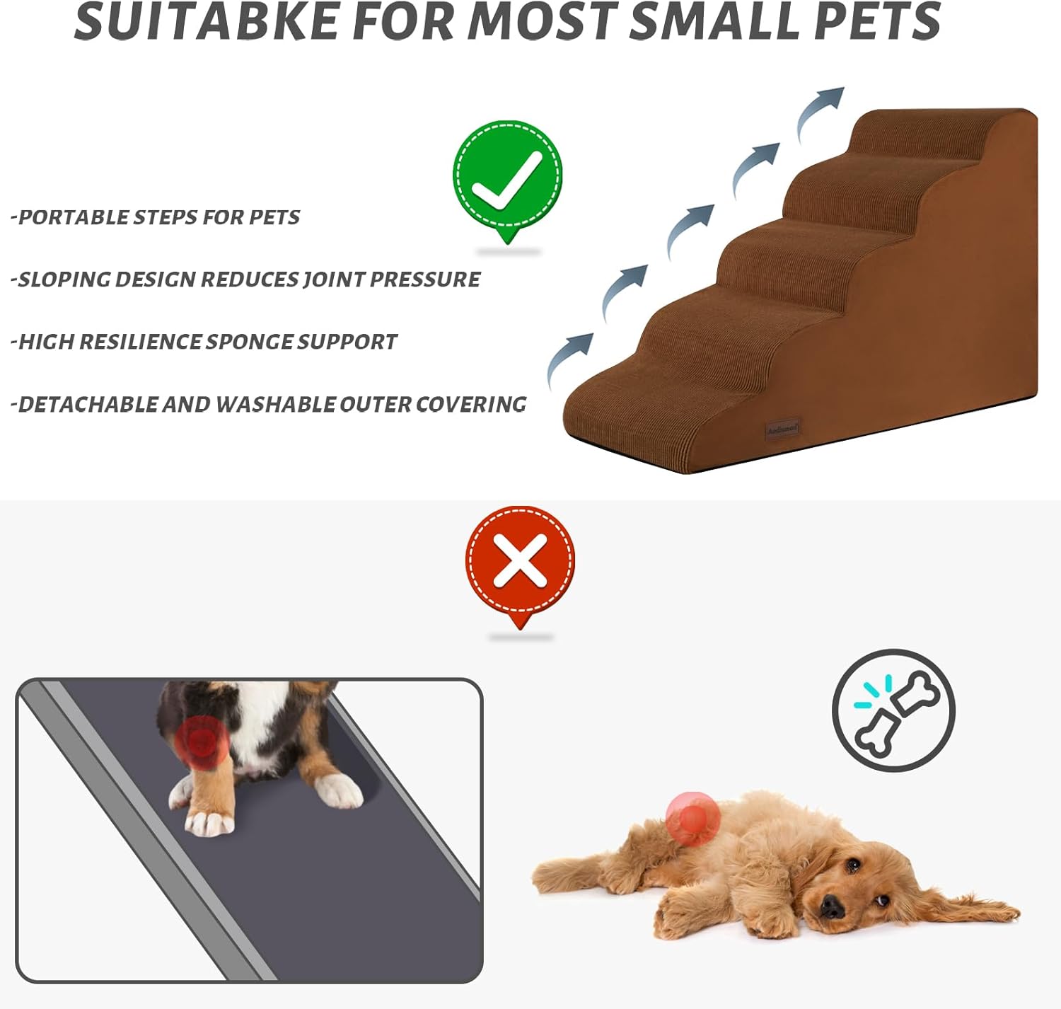 5-Step Dog Stairs and Ramp for High Bed,Non-Slip Sturdy Pet Steps for Small Dogs and Cats,22.2" H,Brown - Pet Explorer