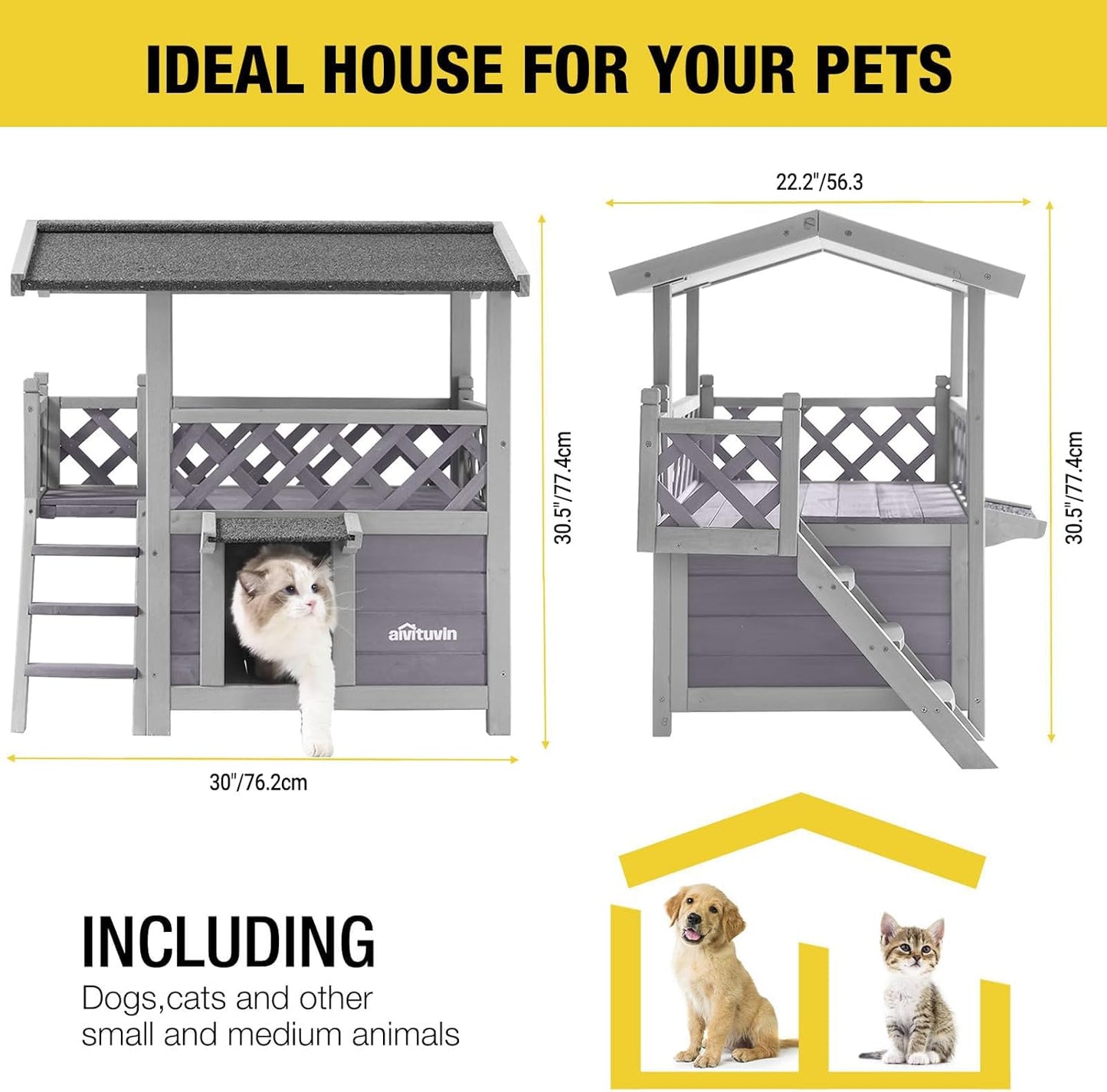 Aivituvin Cat House Outdoor Indoor Feral Kitty Shelter with Escape Door for Cats, Weatherproof Roof - Pet Explorer