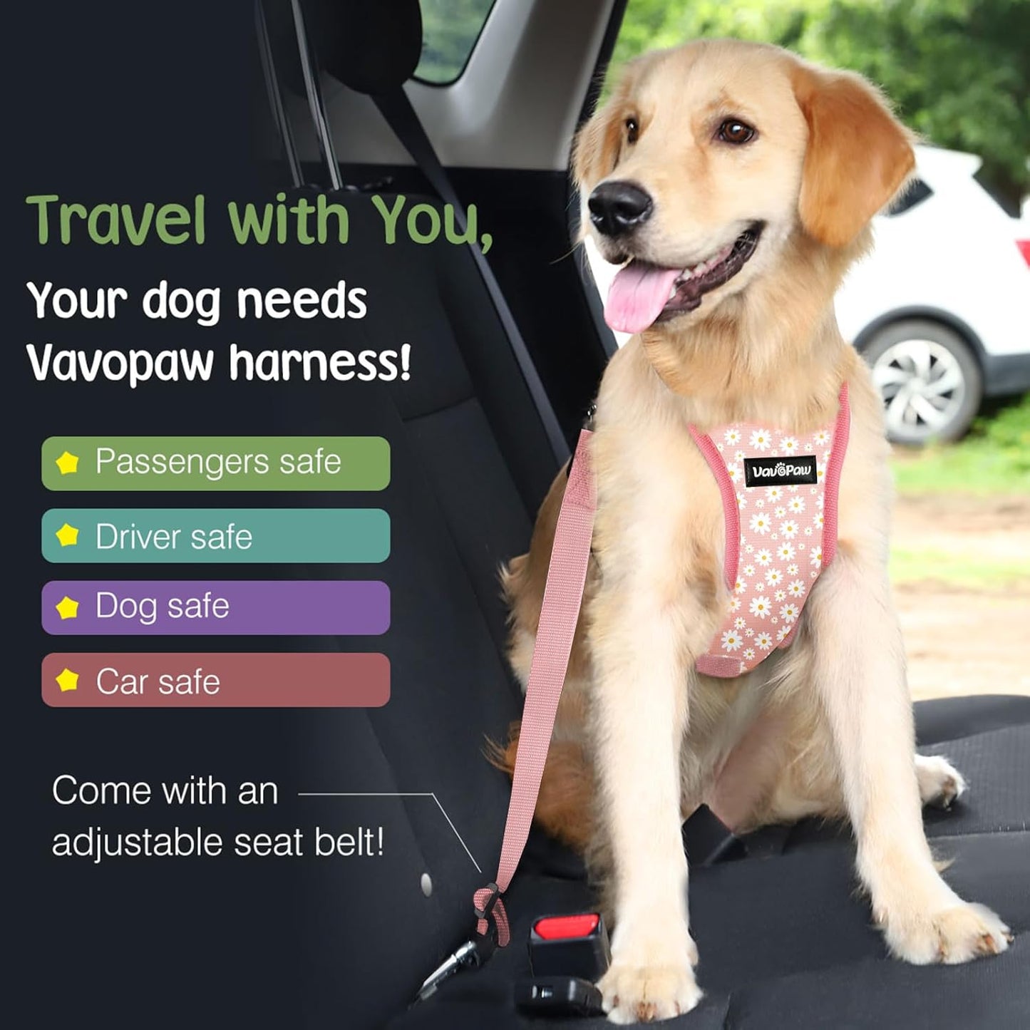 Dog Seat Belt, Safety Vest Dog Car Harness with Adjustable Buckle Dog Seat Belt for Vehicle Nylon Pet Safety Seat Belts Heavy Duty(XL, Pink Daisy) - Pet Explorer