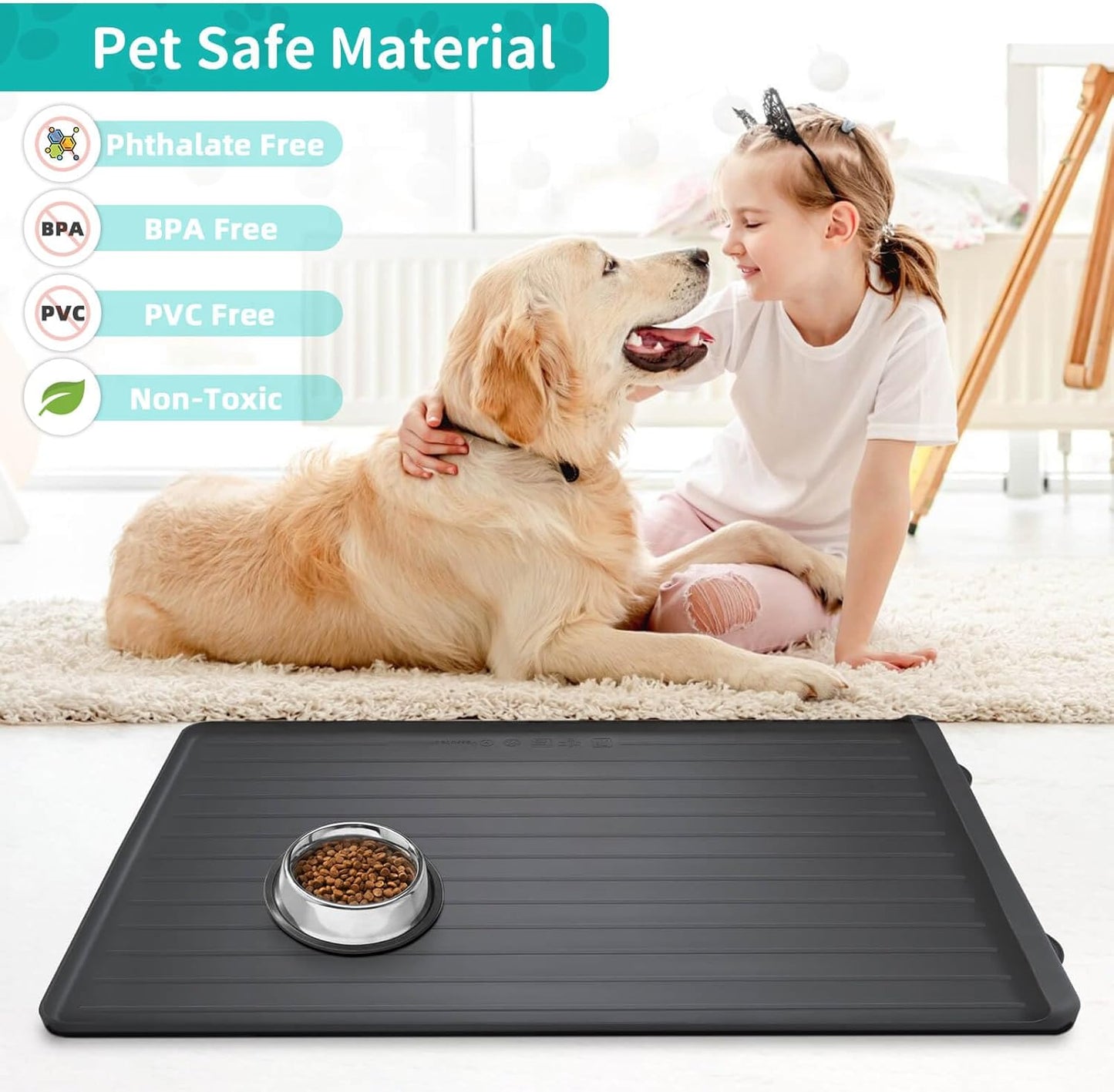 Dog Mat for Food and Water - 39.4" x 27" Large Pet Feeding Mats with Residue Collection Pocket - Waterproof Dog Cat Bowl Mat with High Edges to Prevent Water and Food Spills (Black) - Pet Explorer