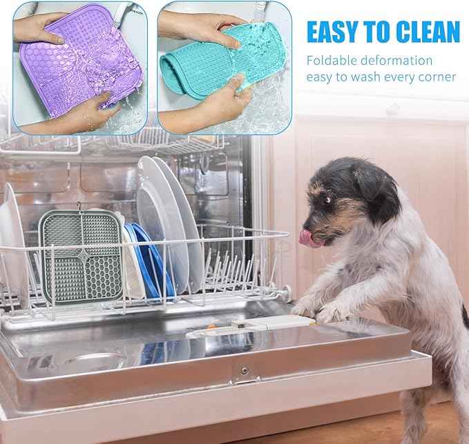 Lick Mat for Dogs, Premium Lick Pad with Suction Cups for Dog Anxiety Relief, Slow Feeder Dog Bowls, Bathing, Grooming and Training (Cyan, Purple, Beige, Grey, 4pack)