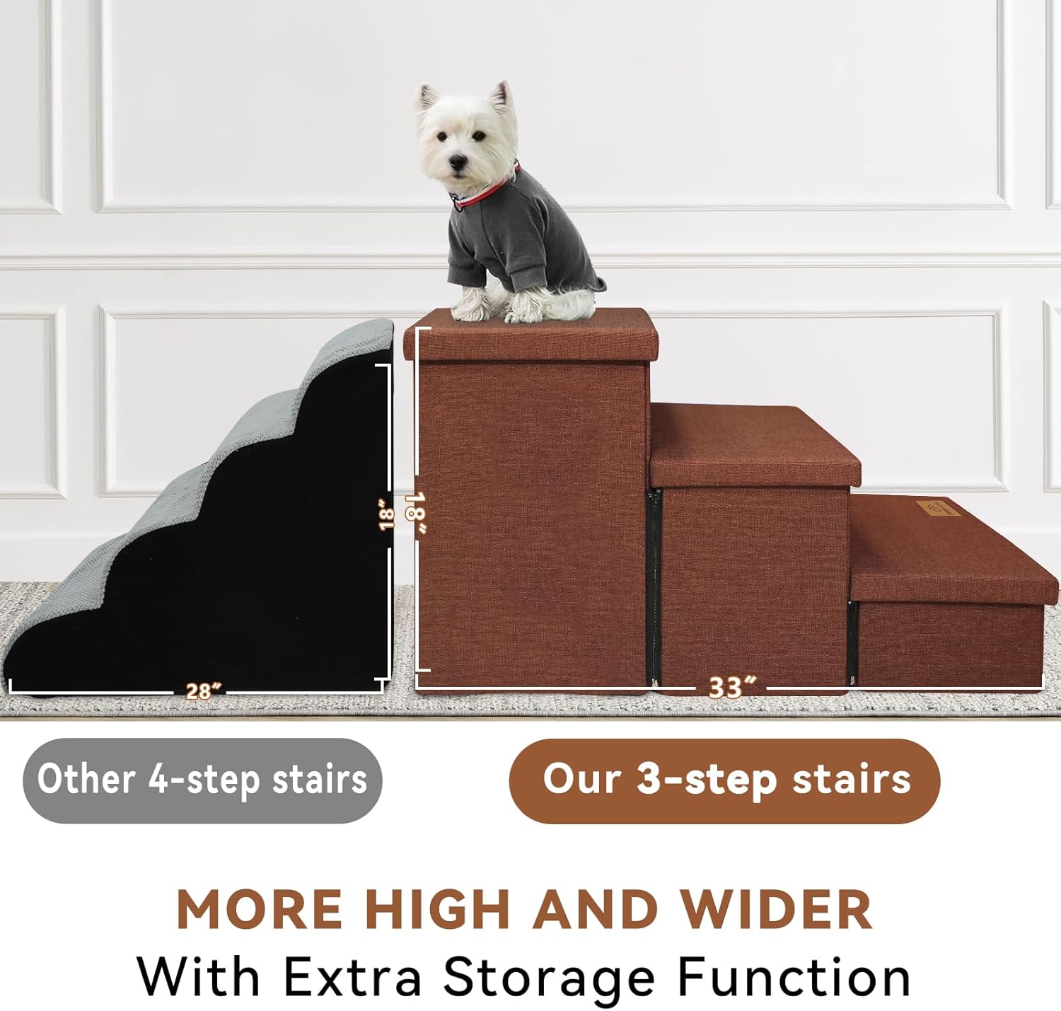 Dog Stairs with Storage 18" H, 3-Step Wider Dog Steps for Small/Medium/Large Old Dogs Cats, Folding Sturdy Pet Stairs Climbing Bed Couch, Ramp for Car Hold Up to 200 lbs (Brown, No Condo) - Pet Explorer