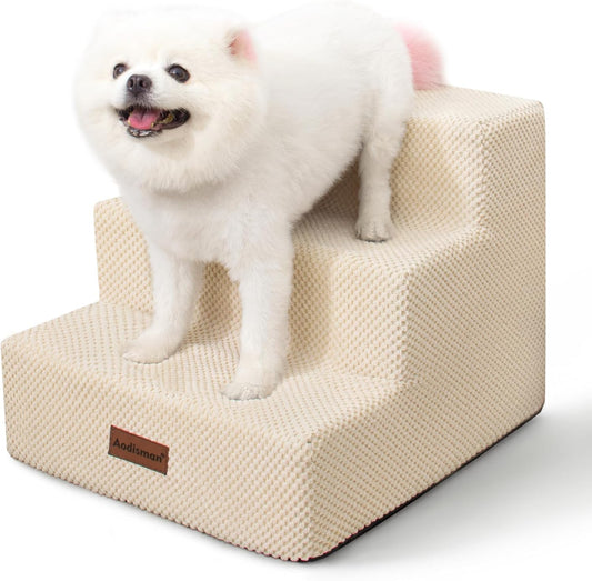 Dog Stairs for Small Dogs & Cats, 3-Step Non-Slip Pet Steps for Couch Sofa and Chair, Beige, 13.6" H - Pet Explorer