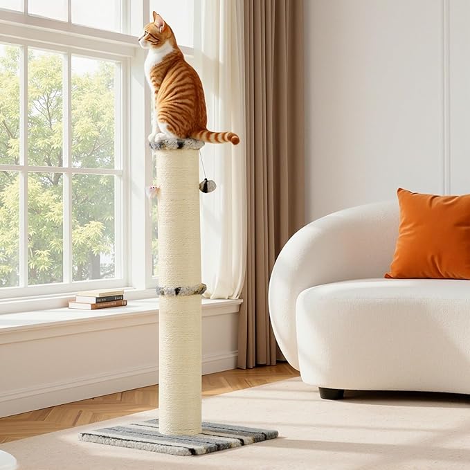 Joydeco Cat Scratching Post 38 Inches Heavy Duty and Thick Scratching Post Sisal Rope with Hanging Ball and Mice for Indoor Cats(Grey)