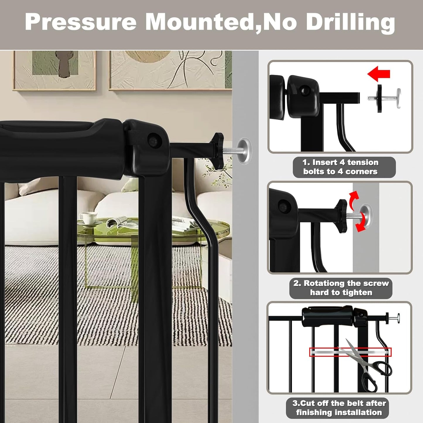 Fairy Baby Extra Wide Baby Gate 48-53 Inch Wide, Walk Through Pressure Mounted No Drill, Long and Large Tension Gate for Pet and Kids, Black