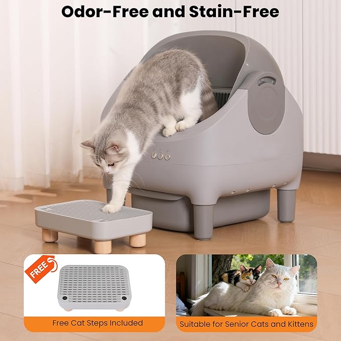 Automatic cat Litter Box with a high Step, Controlled via a Smart app, Featuring Health Data Monitoring and Silent Mode Management, Combining an Open Spacious Design with Fully Automatic Cleaning.