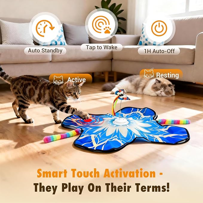 Interactive Cat Toys for Indoor Cats, 3-in-1 Hide and Seek Cat Toy with Fluttering Butterfly & Moving Concealed Feathers, 3 Prey Sounds, Rechargeable Auto Play Mat for Bored Adult Cats/Kittens (Blue)