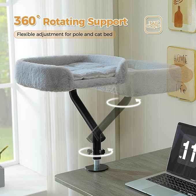 PAWZ Road Cat Desk Bed for Indoor Cats, Cat Bed for Desk Supports Up to 50 lbs, 360° Rotation & Adjustable, Nest Desktop Attachment Cats Hammock for Table, Gray