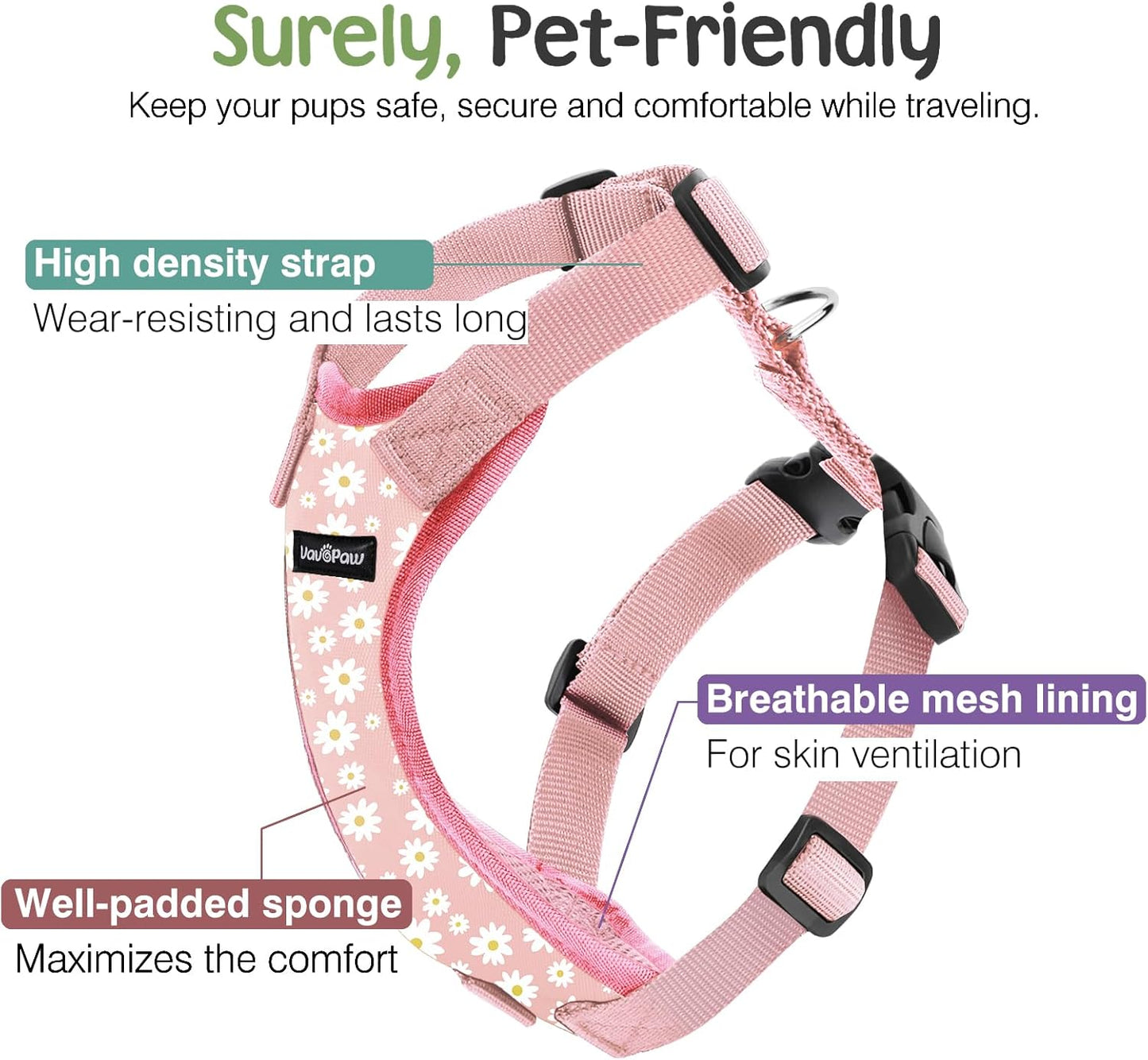 Dog Seat Belt, Safety Vest Dog Car Harness with Adjustable Buckle Dog Seat Belt for Vehicle Nylon Pet Safety Seat Belts Heavy Duty(XL, Pink Daisy) - Pet Explorer