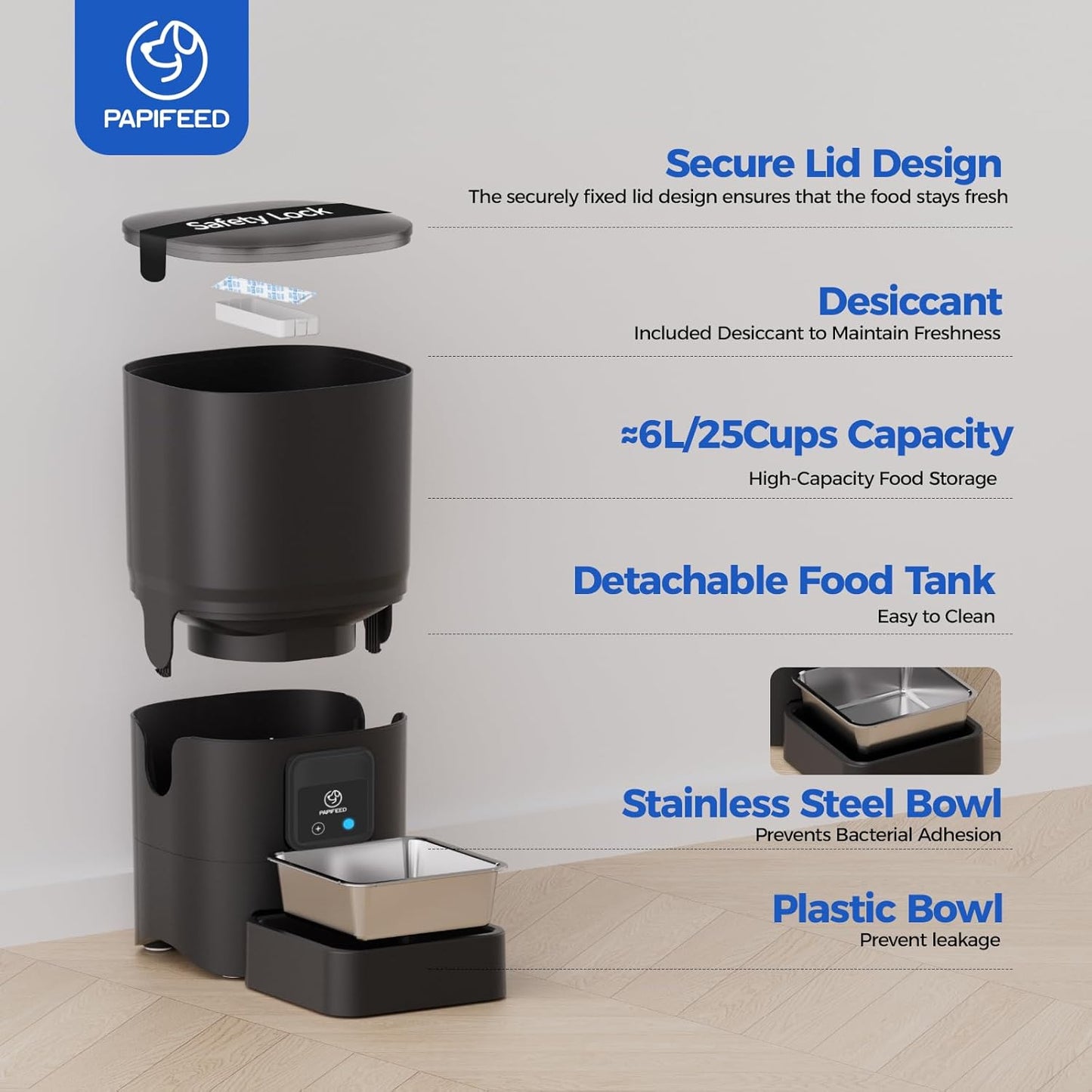 PAPIFEED 2.4G WiFi Automatic Cat Feeder, 6L/25Cup Automatic Pet Feeder with APP Control for Remote Feeding, Detachable for Easy Clean, Cat Food Dispenser with Alexa,1-10 Meals Per Day for Dog, Black - Pet Explorer