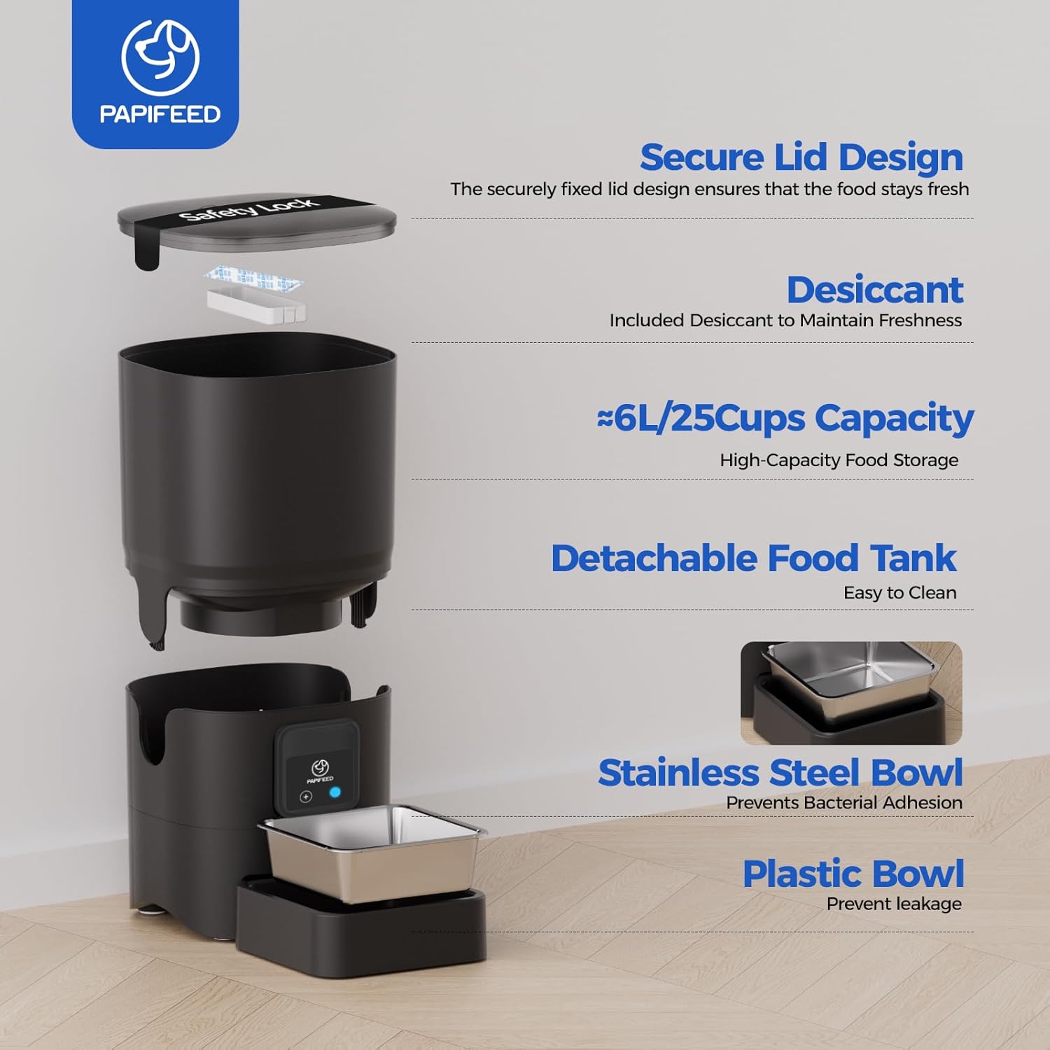 PAPIFEED 2.4G WiFi Automatic Cat Feeder, 6L/25Cup Automatic Pet Feeder with APP Control for Remote Feeding, Detachable for Easy Clean, Cat Food Dispenser with Alexa,1-10 Meals Per Day for Dog, Black - Pet Explorer