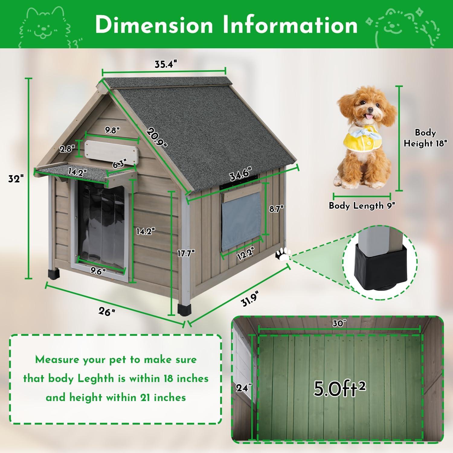 Outdoor Dog House Weatherproof Large Wooden Dog Kennel Indoor for Small Dogs with Chew-Proof Frame, Oxford Fabric Window, Removable Floor Pet Shelter (Grey, 26" D x 31.9" W x 32" H) - Pet Explorer