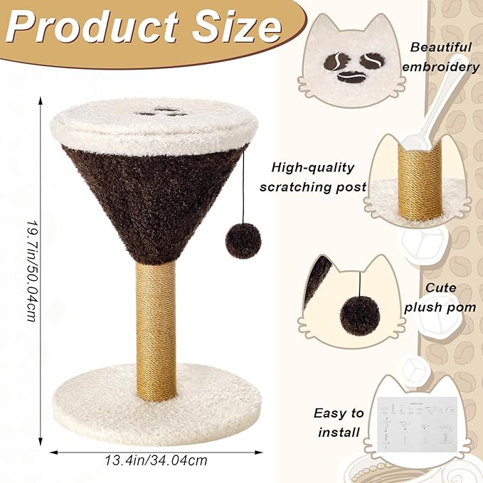 Sosation Espresso Martini Cat Scratcher 19.7" H Cat Scratching Post Scratcher with Dangling Ball for Indoor Cats Scratching Post for Kittens and Medium Large Cats