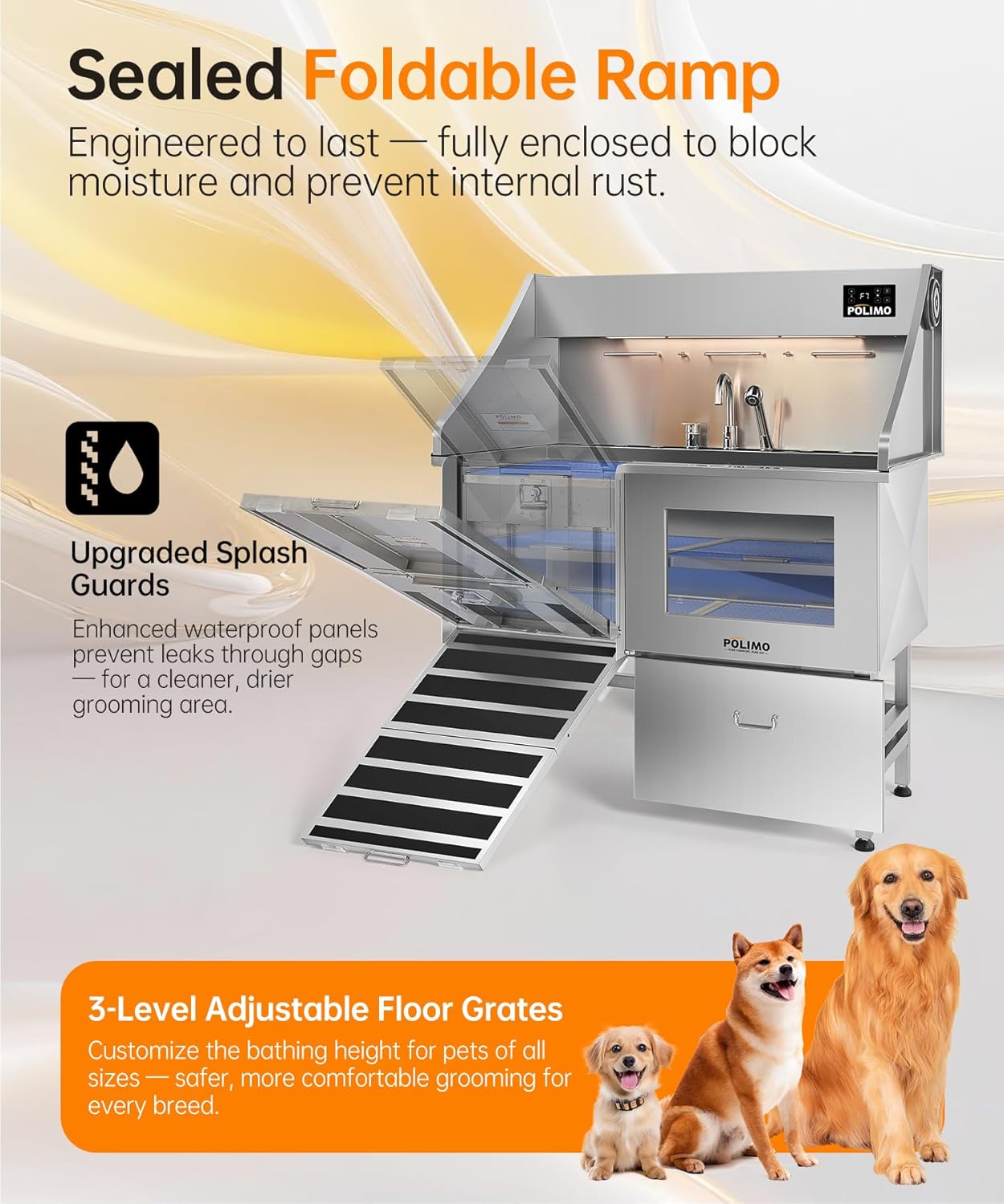 polimo Dog Wash Station with Pet Dryer & LED, Professional Dog Bathing Station for Large, Medium & Small Dogs – with Window, Ramp, Drawer, Floor Grate, LED Display & Faucet (Left RAMP & Dryer, 50") - Pet Explorer