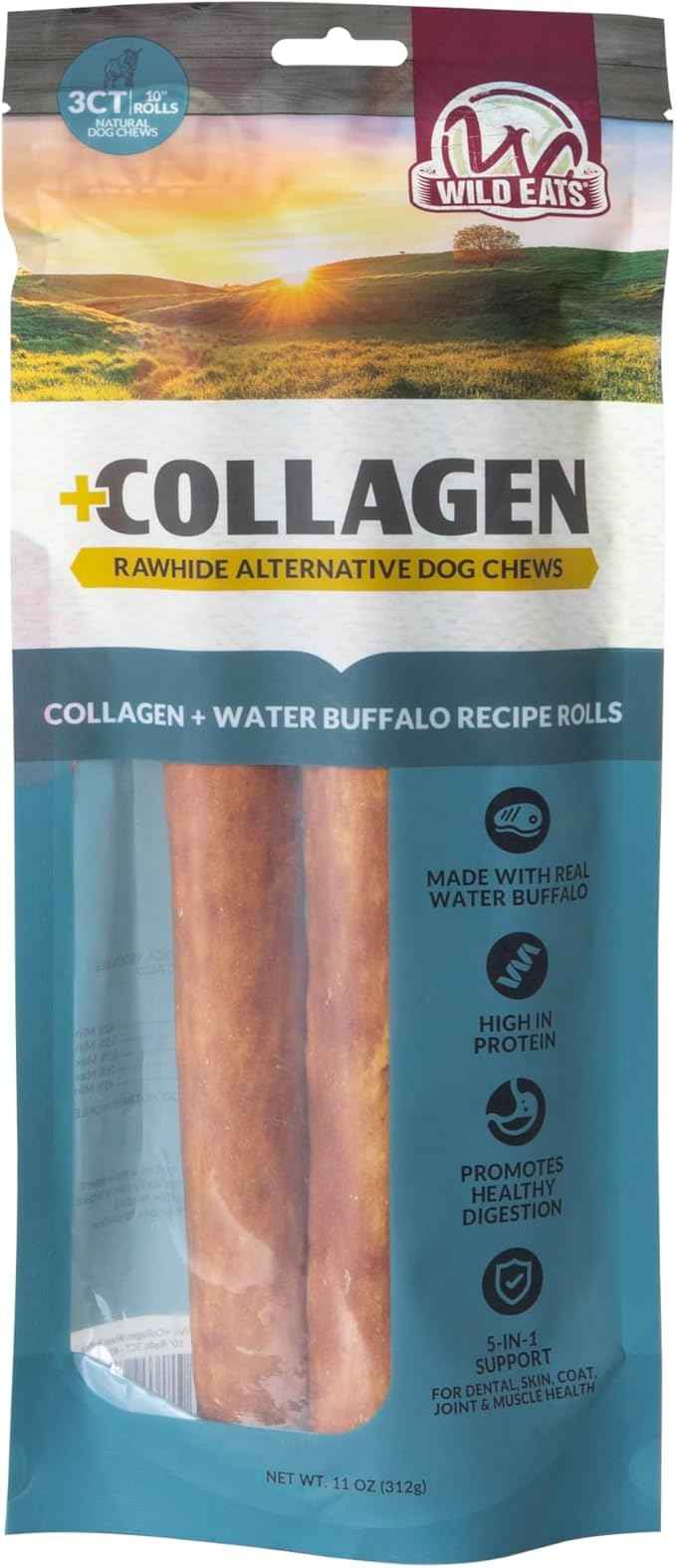 Wild Eats Water Buffalo Flavor Collagen Retriever Style Cheek Rolls 10" Dog Chews-3 Pack (Long Lasting Dog Chews Treats & Bones for Medium Dogs) Substitute for Pig Ears for Dogs