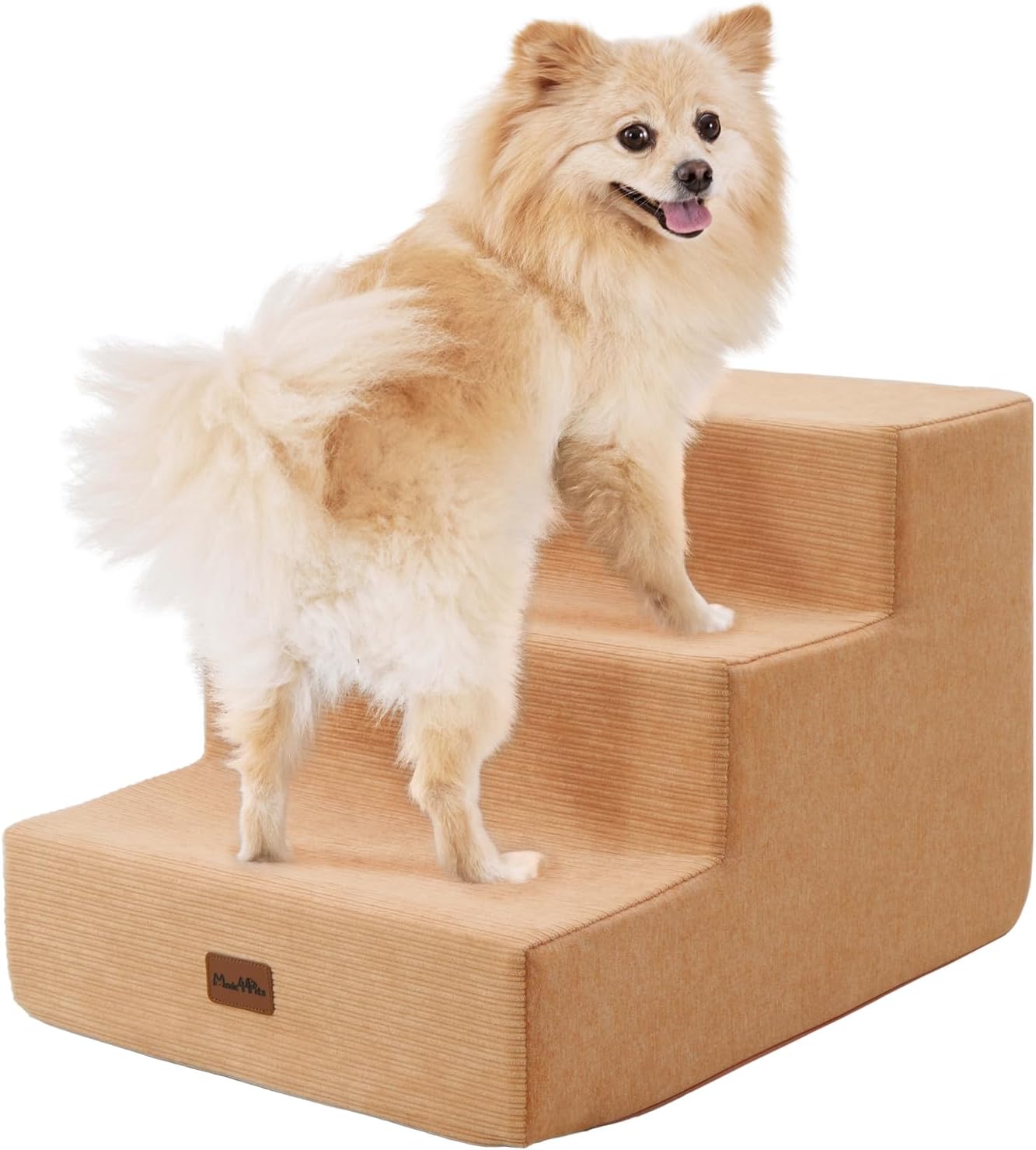 Made4Pets Dog Stairs for Small Dogs, Extra Wide Dog Steps for Bed Couch Sofa and Chair, 35D Foam Pet Steps for Small Dogs and Cats, Non-Slip Bottom Pet Stairs, Tan, 3 Steps - Pet Explorer