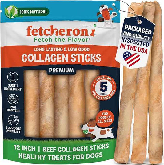 12" Collagen Sticks for Dogs – Low Odor Long-Lasting Bully Stick & Rawhide Alternative, Single Ingredient Beef Bone, High Protein Dental Treat, Vet Approved, Improves Joint Health – 5 Pack